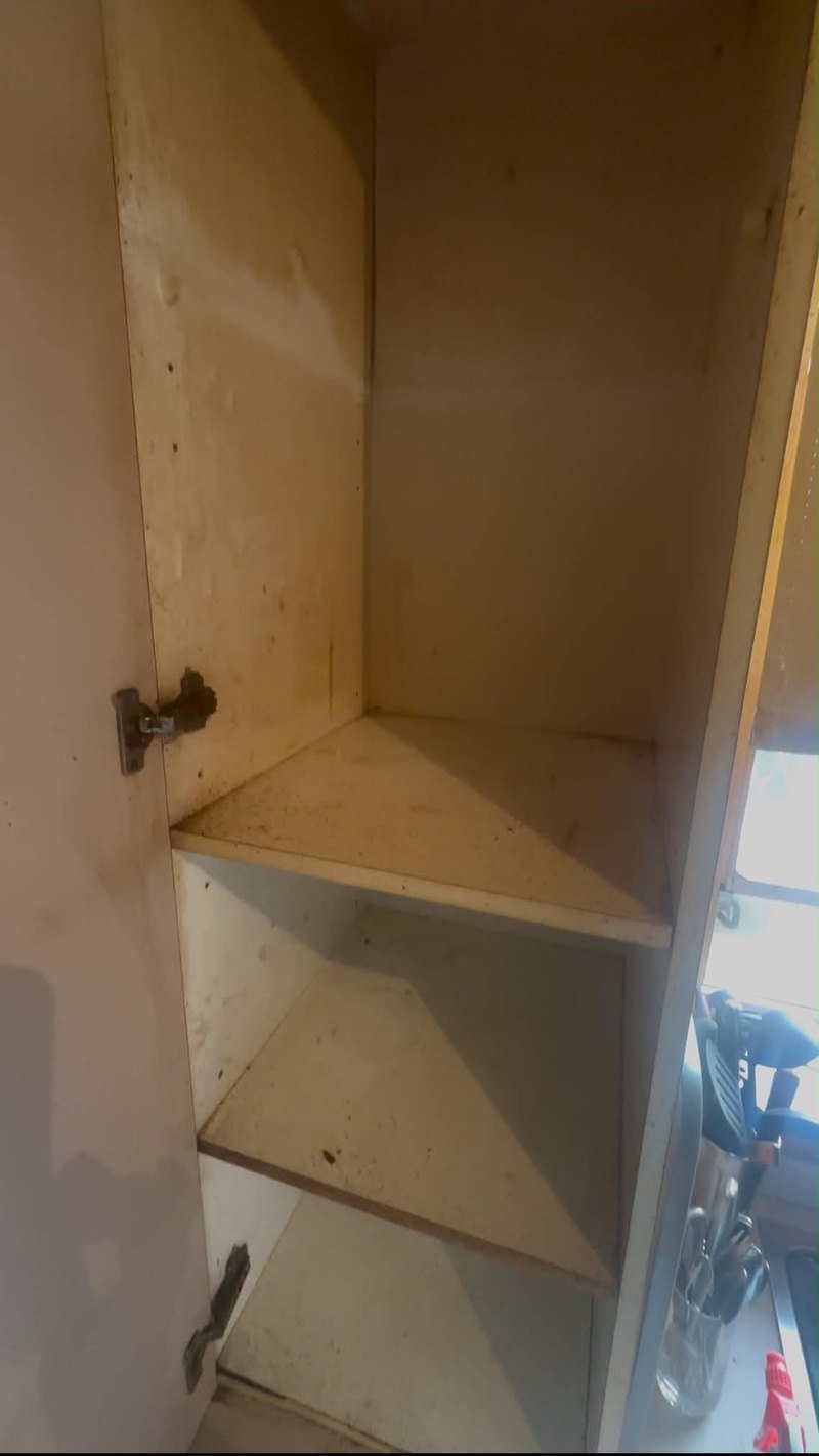 Cupboard interior and shelves before cleaning