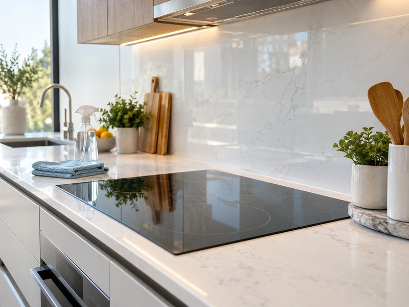 Detail of kitchen cooktop and bench cleaning