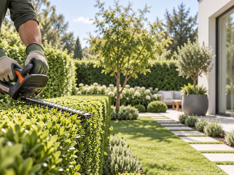Hedge trimming with gloved hands and gardening equipment