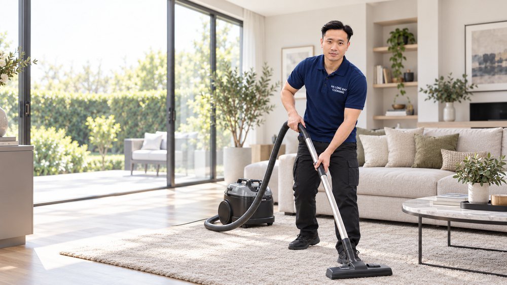 Cleaner vacuuming a bright residential living room