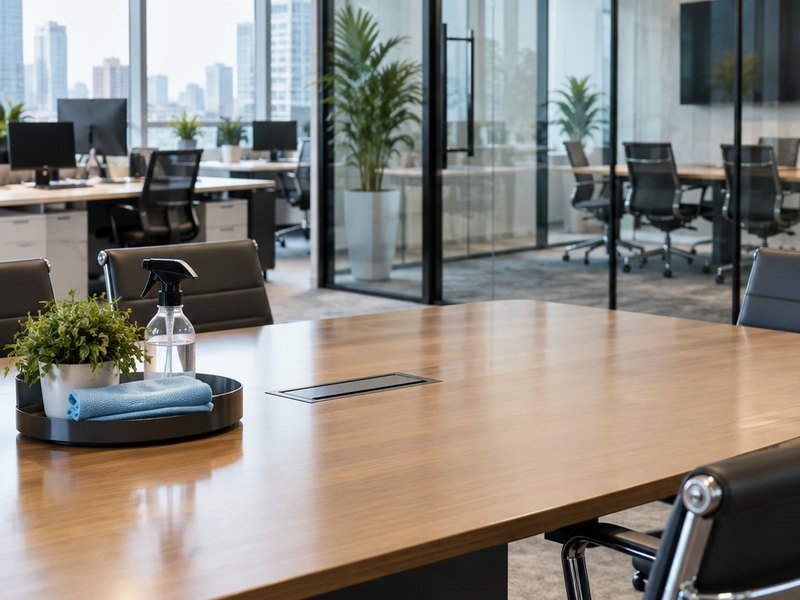 Modern office with desks, chairs and a glass meeting room