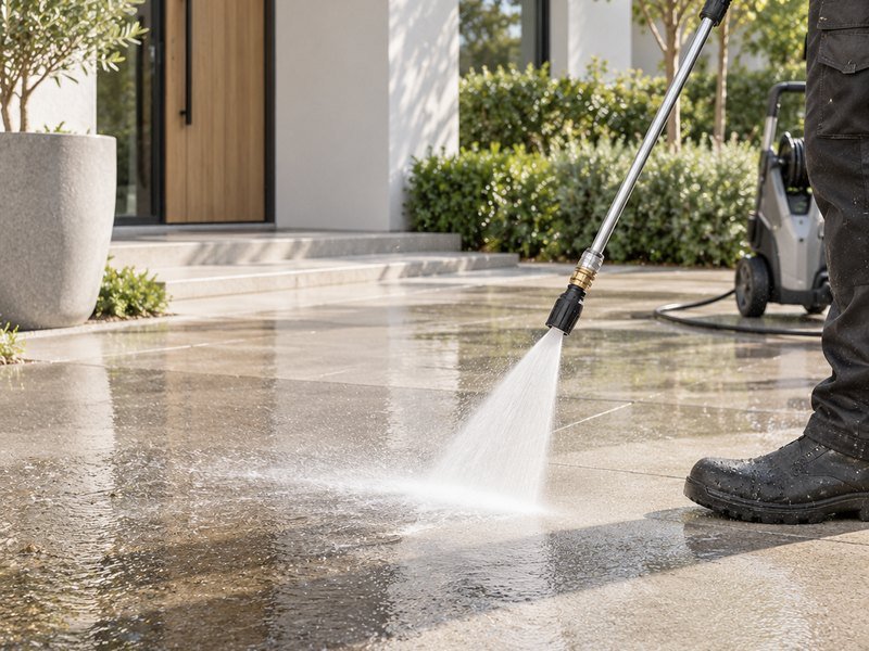 Pressure-washing equipment cleaning a residential outdoor surface